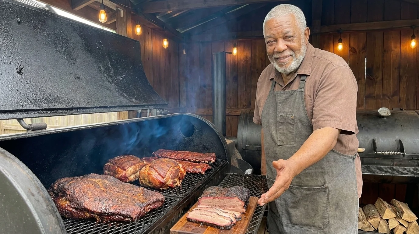 Earl Jackson beside the open smoker, presenting a sliced brisket on the board