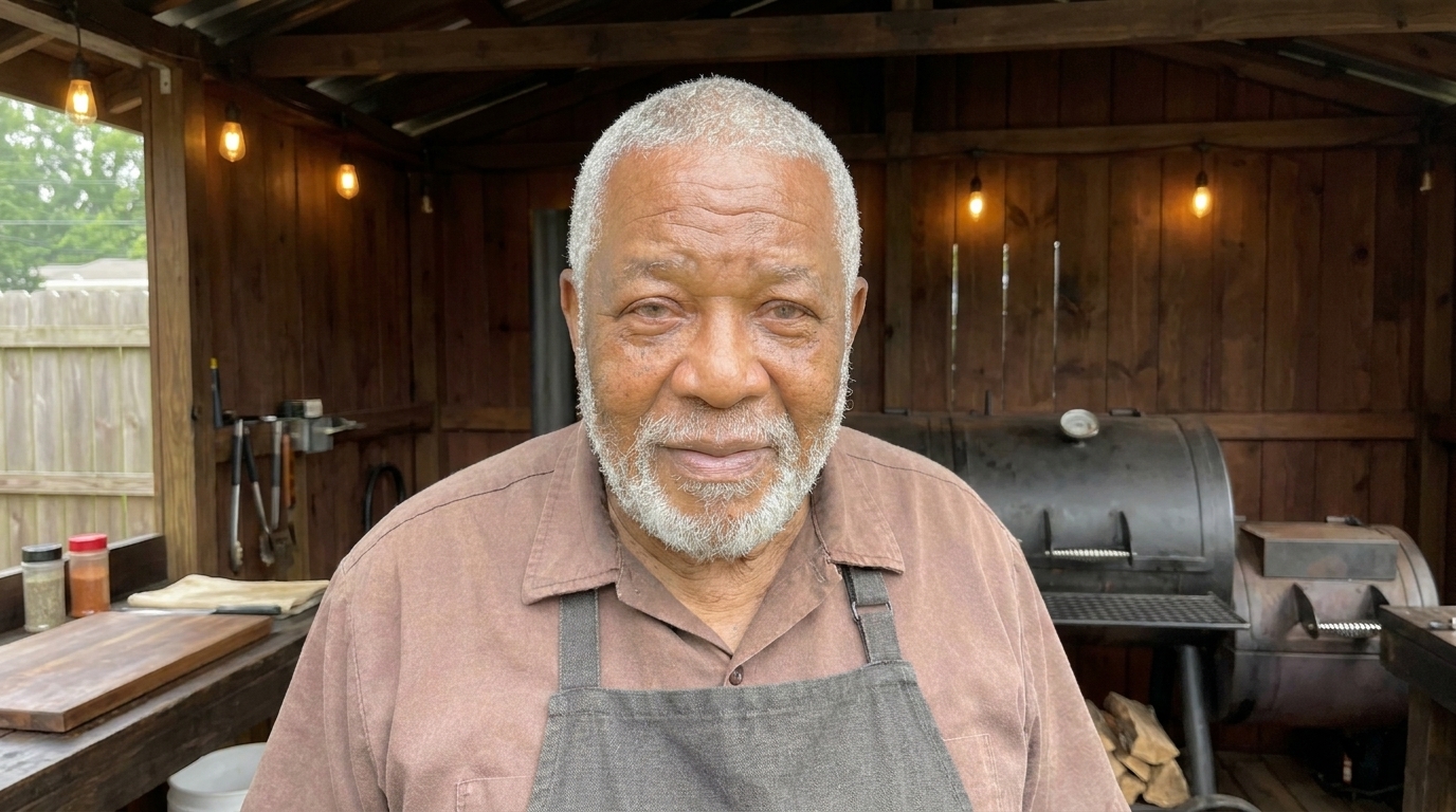 Earl Jackson at the smoker, a brisket resting on the board beside him